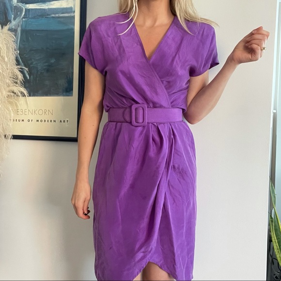 Vintage Purple Silk Midi Dress Belted Faux Wrap Small - Picture 3 of 5